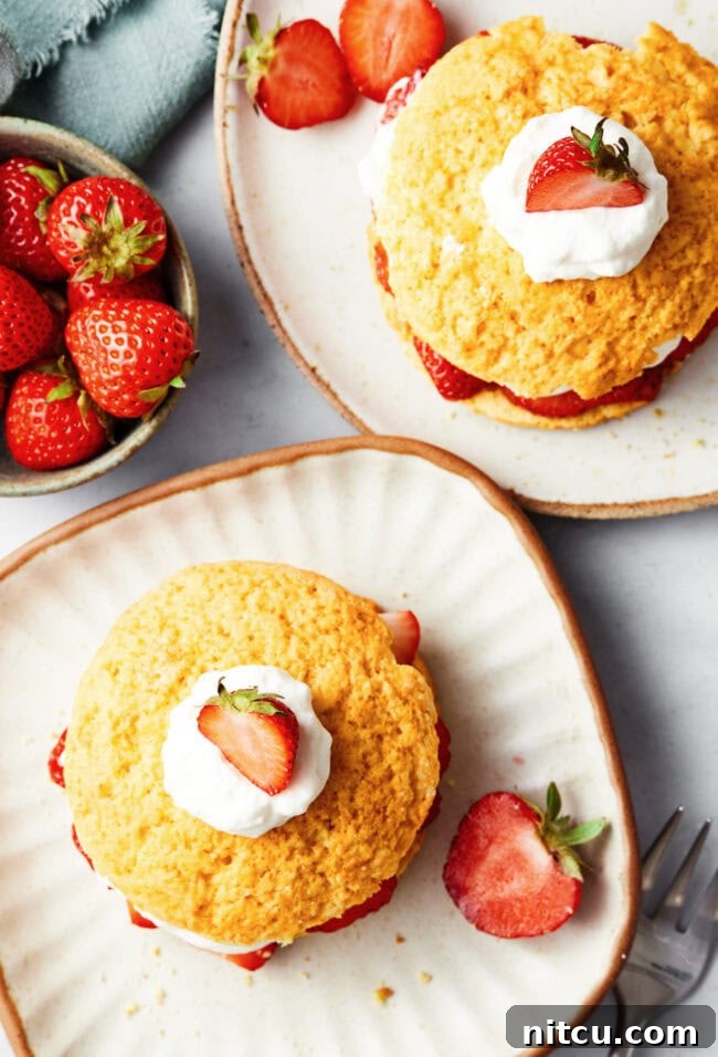 Rustic Strawberry Cornmeal Shortcake 4 Strawberry Shortcakes Recipe with cornmeal overhead shot