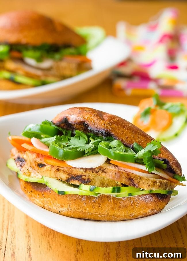 Vietnamese Baguette Masterpiece 2 Vietnamese Banh Mi sandwiches loaded with fresh vegetables and succulent chicken