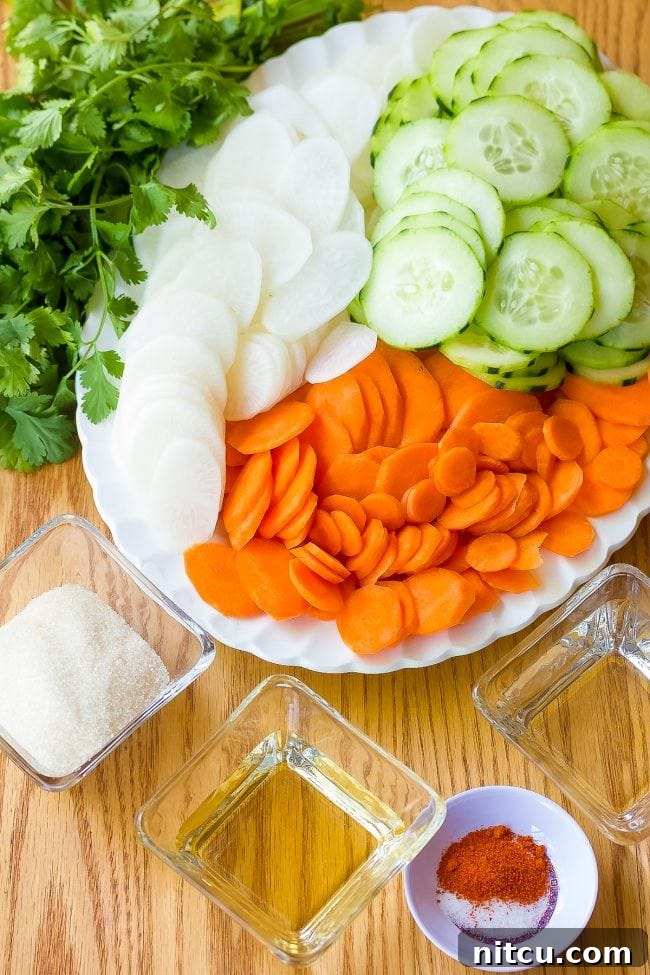 Vietnamese Baguette Masterpiece 3 A colorful platter showcasing all the fresh Banh Mi sandwich toppings