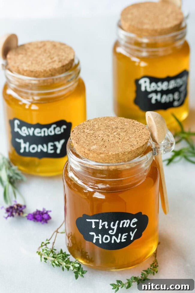 Honey Elixirs 8 Different flavors of spiced honey in honey jars.