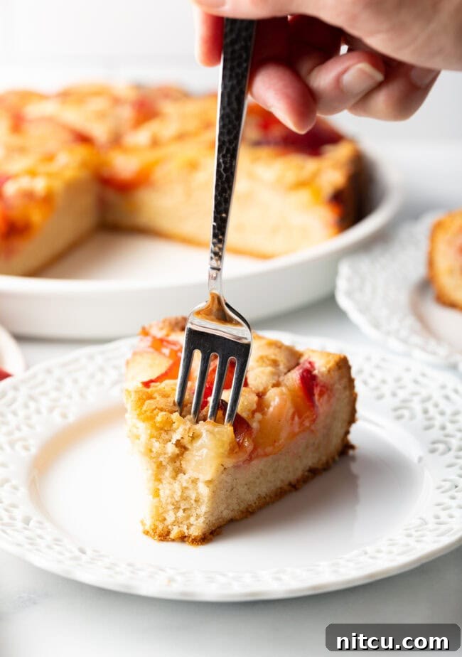 A slice of the best plum cake, cut and served with a fork, showing its moist texture and fruit pieces.