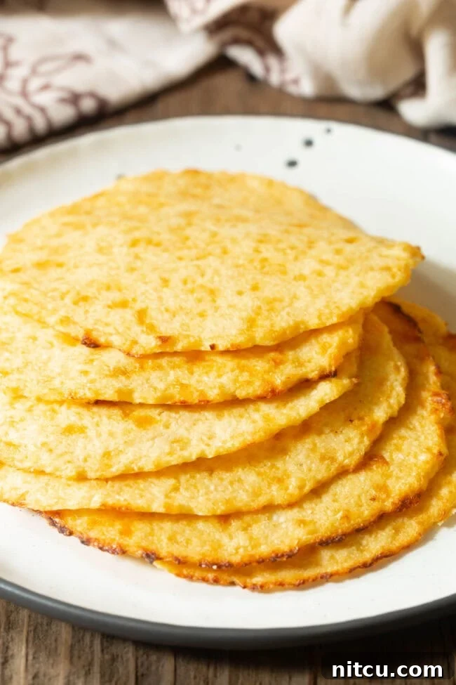 cauliflower Stacked keto tortillas on a white plate, showcasing their perfect round shape.
