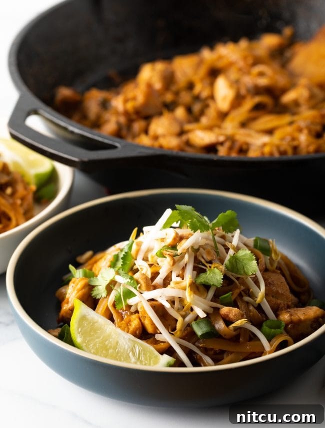 Classic Chicken Pad Thai Stir-fry 2 A delectable bowl of Chicken Pad Thai, with a wok blurred in the background, ready to be enjoyed.