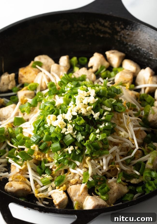 Classic Chicken Pad Thai Stir-fry 7 Adding fresh mung bean sprouts, chopped green onions, and minced garlic to the skillet, stirring them with the already cooked chicken pieces.