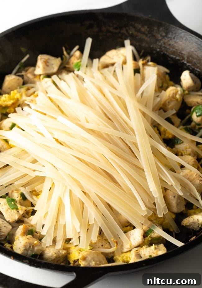 Classic Chicken Pad Thai Stir-fry 9 Adding cooked rice noodles on top of the vibrant stir-fry mixture of scrambled eggs, bean sprouts, green onions, garlic, and chicken in a large skillet.