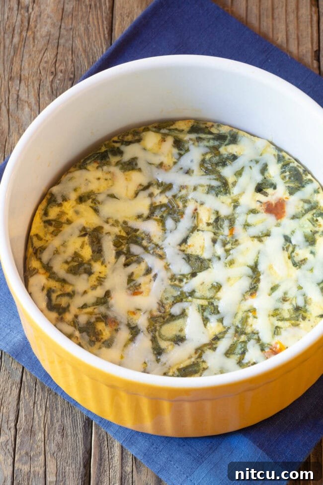 Simple Instant Pot Keto Crustless Quiche 7 Cooked crustless quiche still in the souffle pan after being removed from the Instant Pot.