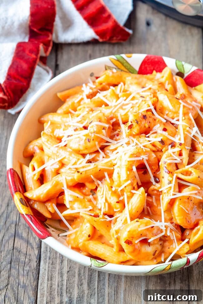 Velvety Instant Pot Vodka Shrimp Pasta 4 Bowl of shrimp vodka sauce pasta.
