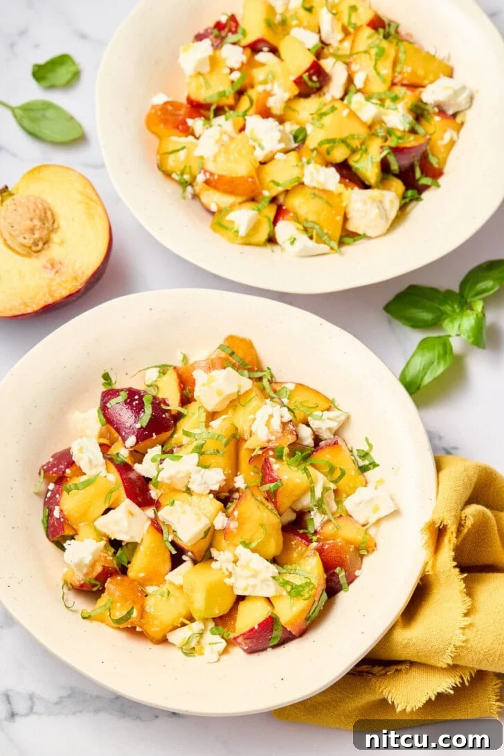 Delicious Peach Salad Recipe with Basil Presentation Plates of Fresh Peach and Basil Salad, complete with all ingredients, beautifully arranged for serving in a bright, inviting setting.