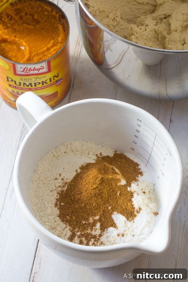 Harvest Pumpkin Slab Cake 5 Ingredients for Pumpkin Texas Sheet Cake laid out on a counter, ready for mixing.