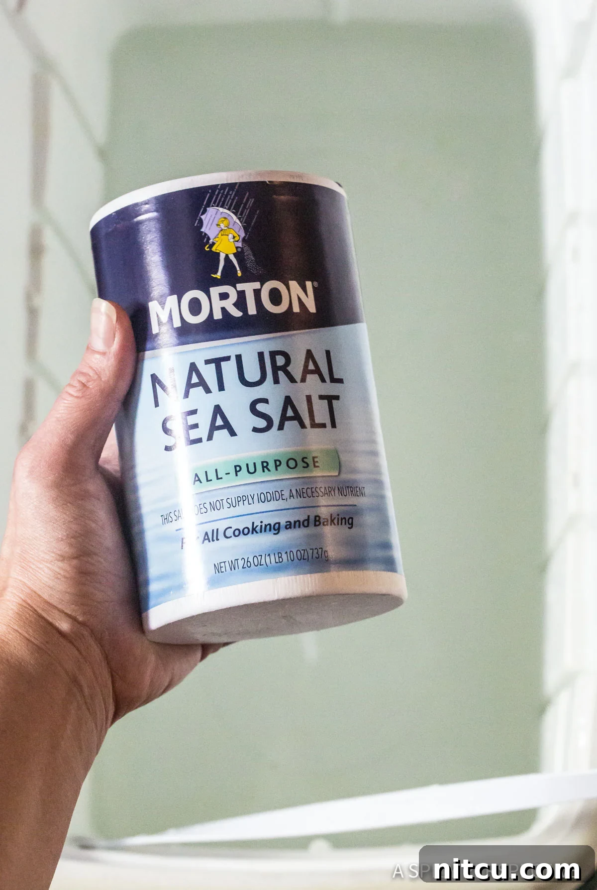 A hand holding a container of natural sea salt, highlighting a key ingredient for the Turkey Brine Recipe.