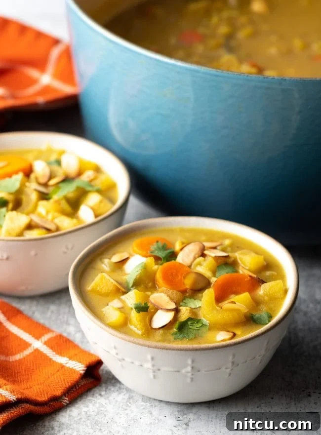 Nourishing Mulligatawny Delight 8 Two rustic bowls filled with hearty chicken curry soup and vibrant vegetables.