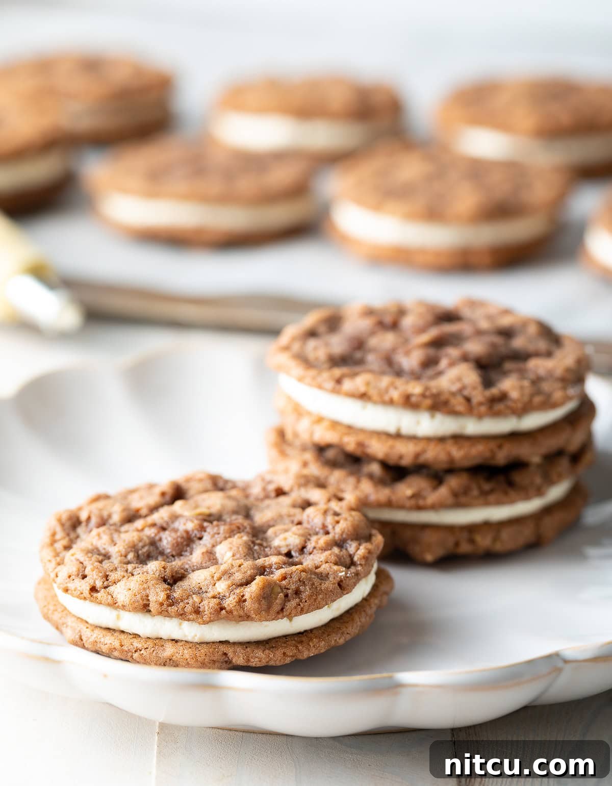 Creme-Pie-cookies Perfectly baked Oatmeal Cream Pies arranged on a serving plate.