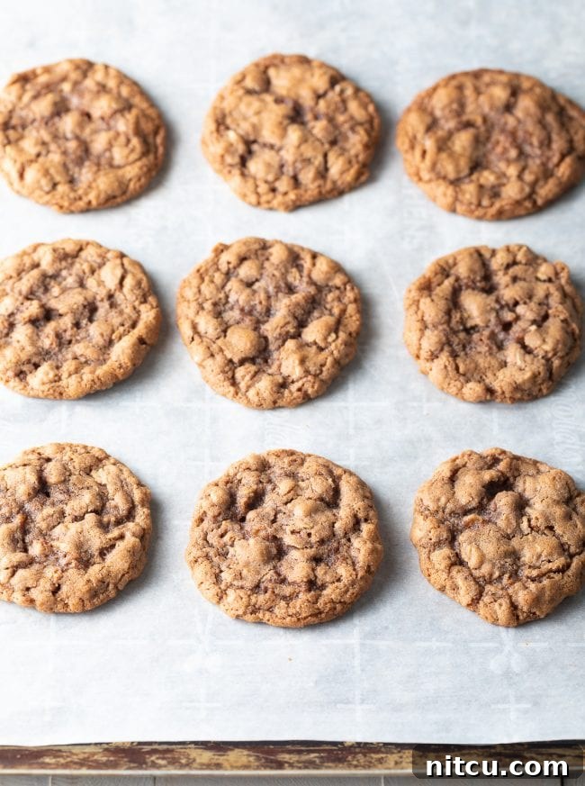 Chewy Oatmeal Cream Pie Bliss 4 Freshly baked, soft oatmeal cookies cooling on a wire rack.