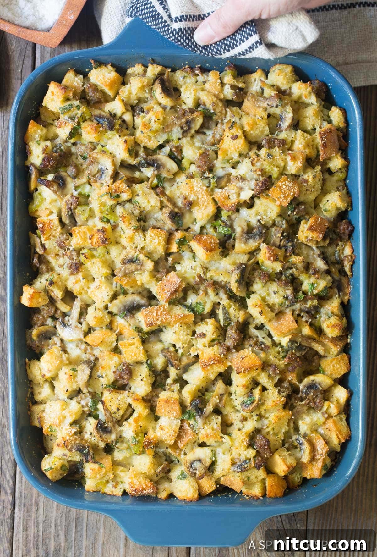 Savory Mushroom and Sausage Dressing 8 Perfect Sausage Mushroom Stuffing Recipe - overhead shot in baking dish