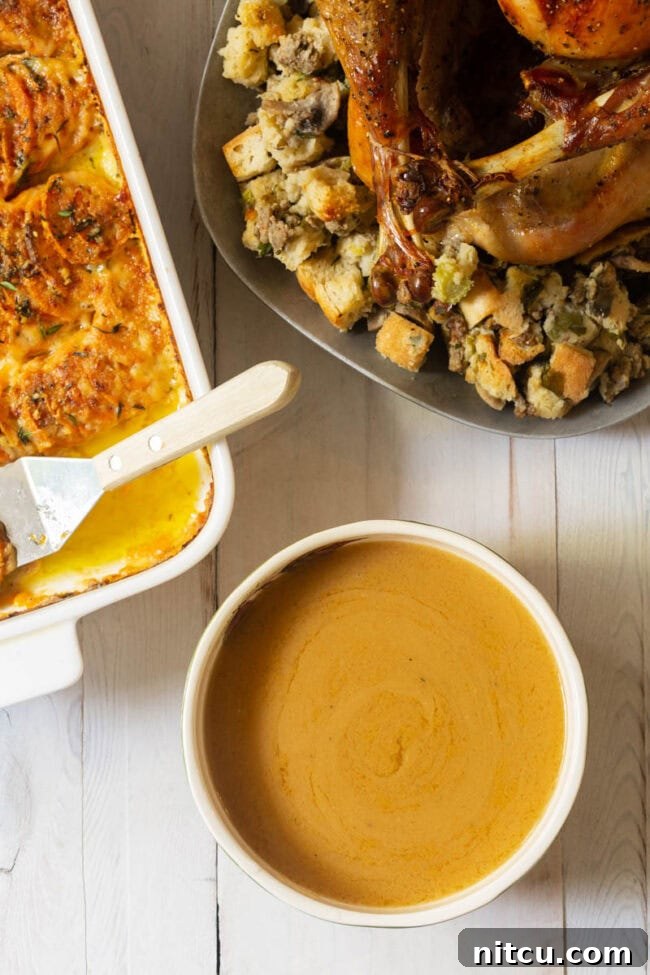 Elevated Turkey Gravy 8 Best thanksgiving gravy recipe overhead shot.