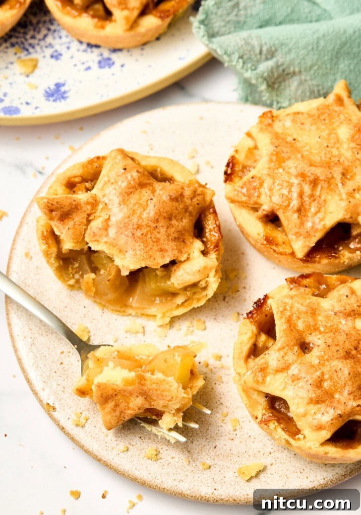 Individual Apple Tarts 11 Mini Apple Pie cut open with sweet brandy apples exposed, showing the rich filling and flaky crust.
