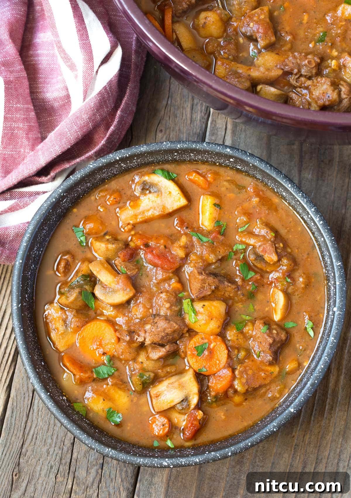 Best Beef Stew Recipe | Easy Homemade Beef Stew A comforting bowl of easy beef stew, with more stew simmering in a pot in the background. Best comfort food.