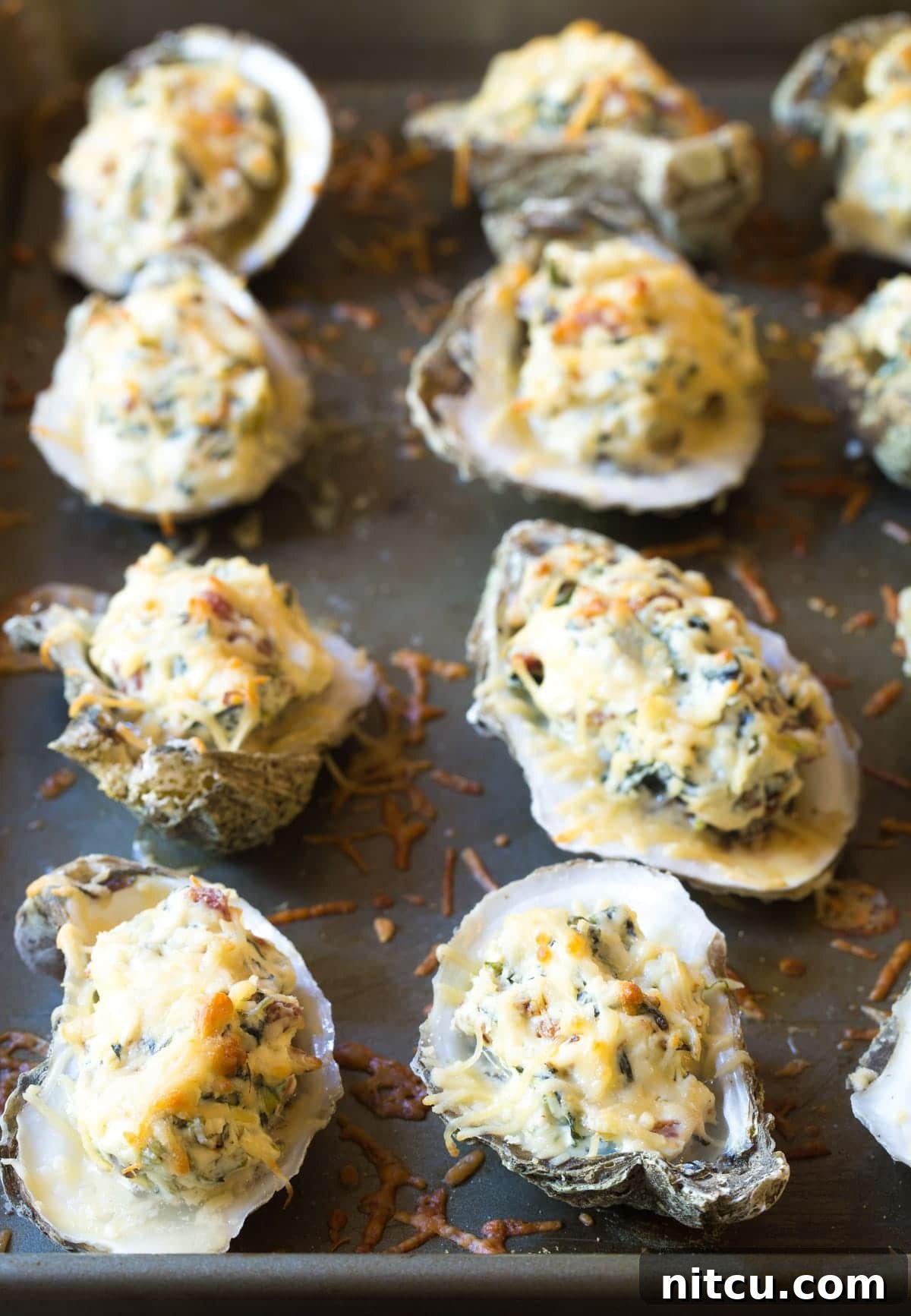 Baked Oysters Fromage 8 Hot three-cheese cooked oysters in their shells, fresh from the oven, ready to be served