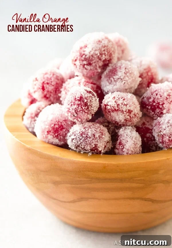 Sparkling Cranberries 2 Sparkling Vanilla Orange Candied Cranberries Recipe in a wooden bowl