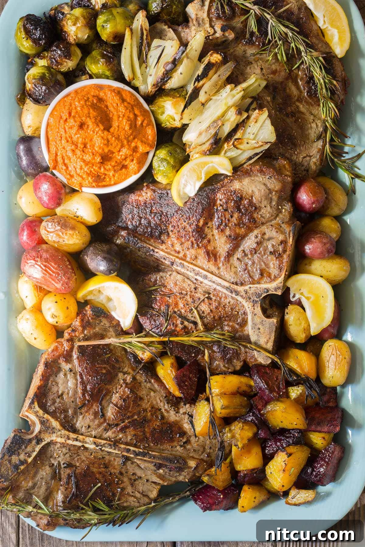 Overhead shot of Bistecca alla Fiorentina on a large holiday platter, garnished with fresh herbs and surrounded by roasted vegetables
