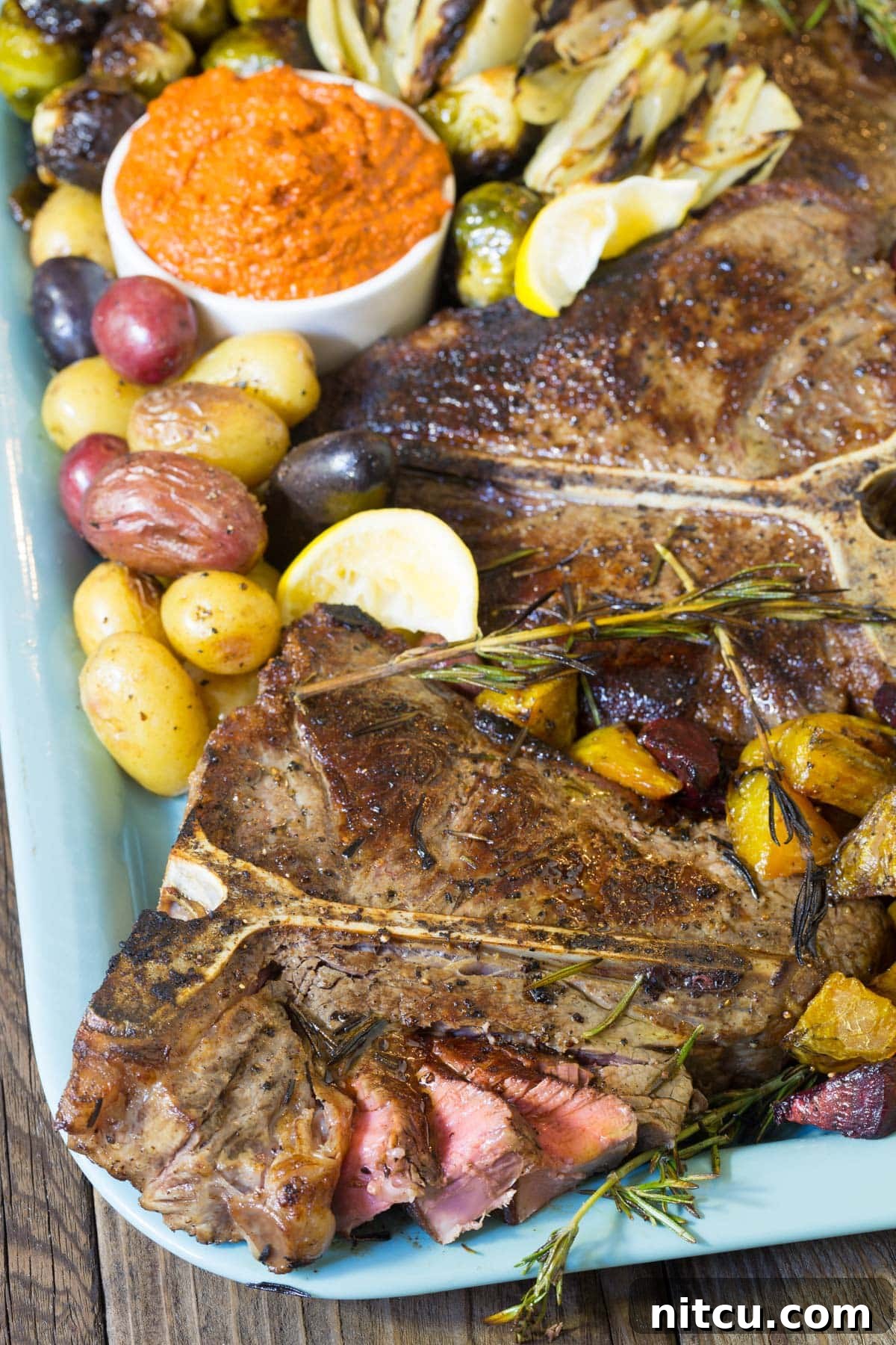 Cooked steak with a dollop of Romesco Sauce on top, close-up shot