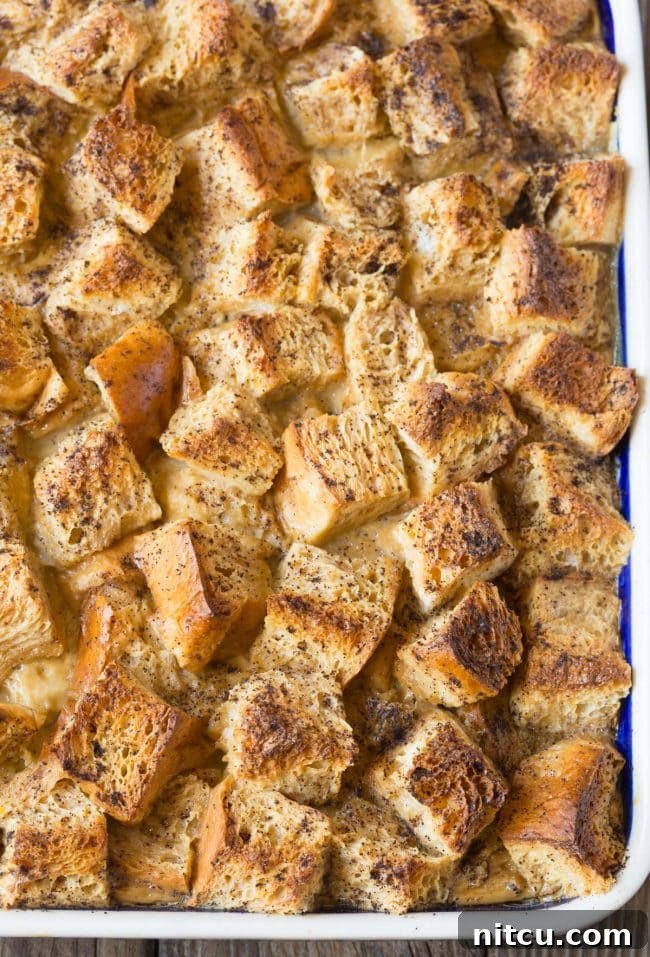 Espresso Bread Pudding Bliss 8 Baked bread pudding in a baking dish.