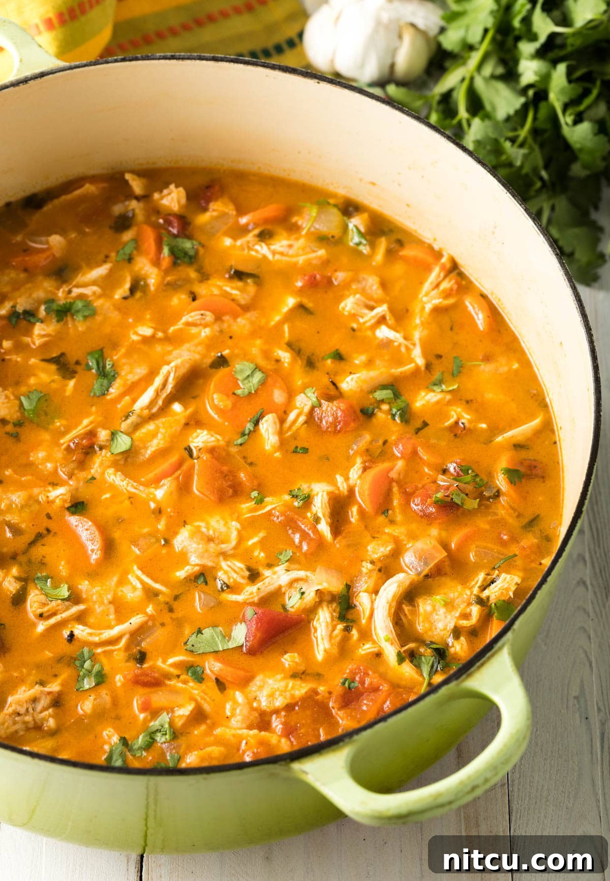 Top view of the texture and color that this tortilla soup recipe offers