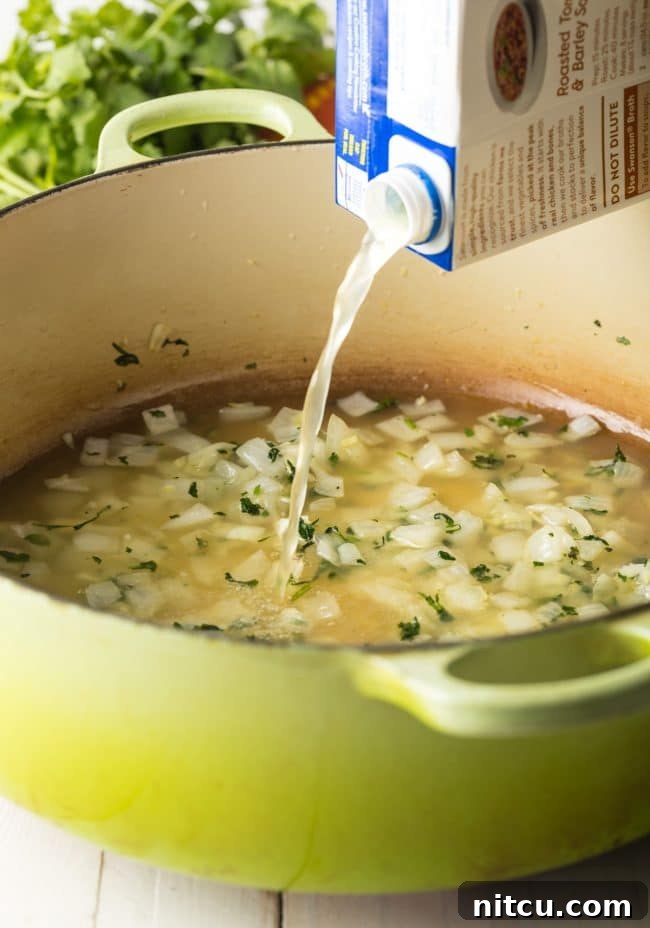 How To: The Best Chicken Tortilla Soup Recipe - pour chicken broth into pot