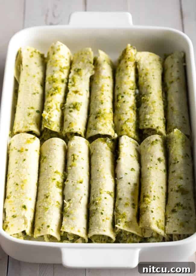 Creamy Swiss Enchiladas 10 Rolled up chicken enchiladas suiza arranged in a white baking dish.