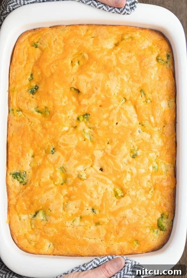 Garden Harvest Cornbread 3 Overhead view of a baking pan filled with golden-brown Broccoli Cornbread