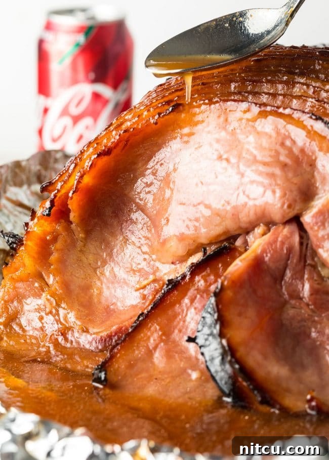 Coca-Cola Uncut 7 A spoon is used to drizzle the caramelized Coca-Cola glaze over slices of baked ham, highlighting its glistening texture just before serving.