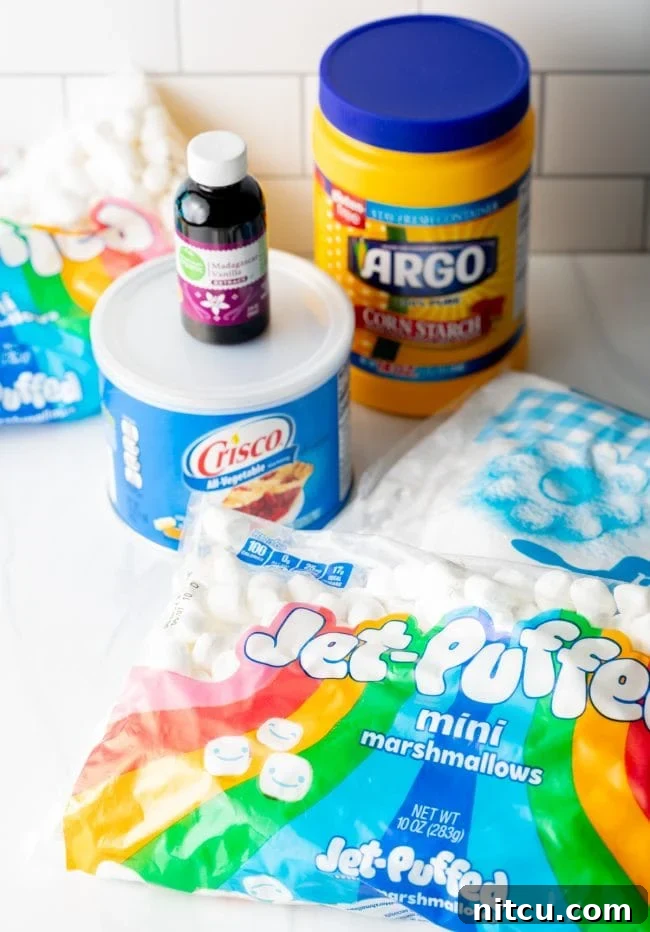 Easy Homemade Fondant 5 Ingredients for fondant on the counterop.