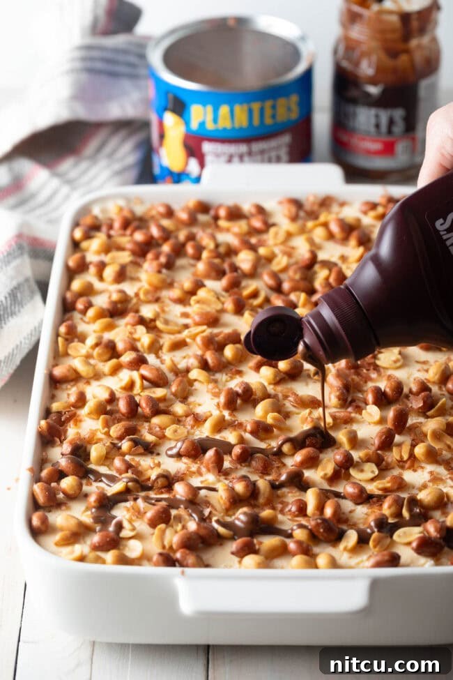 The Ultimate Peanut Butter Chocolate Ice Cream Cake 11 Final layer with more peanuts and chocolate Magic Shell drizzled on top, hardening instantly.