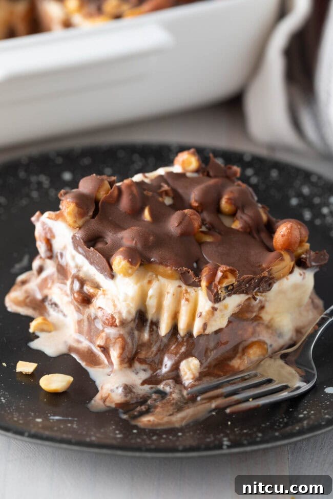 The Ultimate Peanut Butter Chocolate Ice Cream Cake 13 A close-up of a homemade Buster Bar Ice Cream Cake slice on a plate, with a portion bitten off.