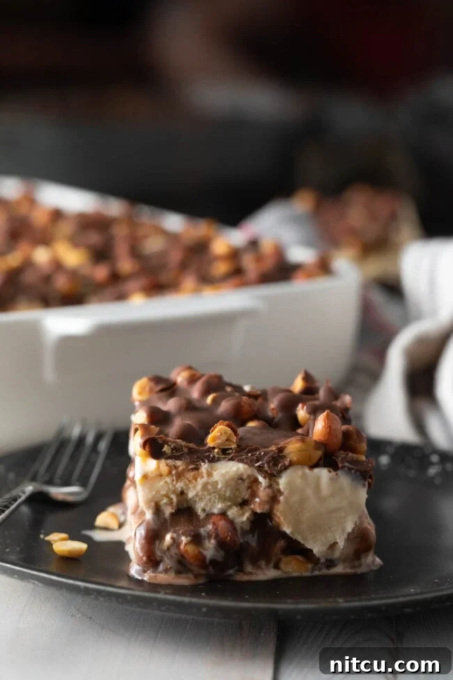 The Ultimate Peanut Butter Chocolate Ice Cream Cake 4 A perfect slice of buster bar ice cream cake served on a elegant black plate, showing its distinct layers.