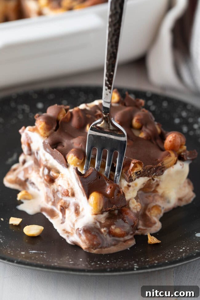 The Ultimate Peanut Butter Chocolate Ice Cream Cake 5 A tempting piece of Buster Bar Ice Cream Cake with a fork taking a bite, showcasing the layers.