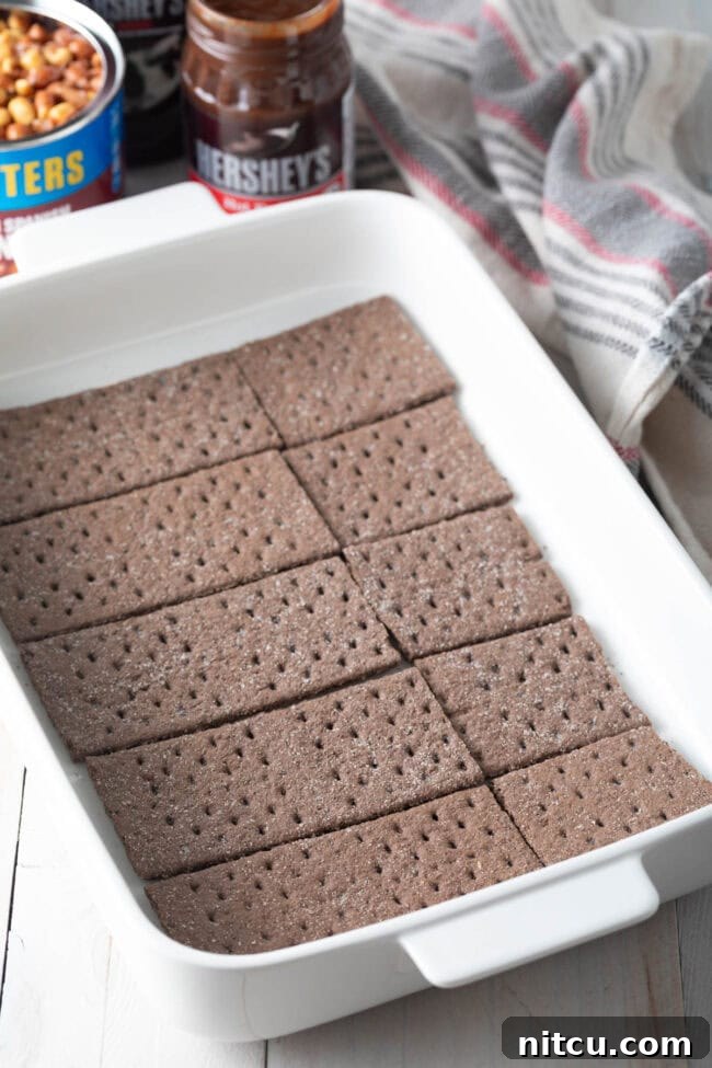 The Ultimate Peanut Butter Chocolate Ice Cream Cake 6 First layer of chocolate graham crackers meticulously arranged in a white baking dish.