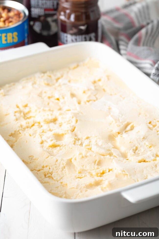 The Ultimate Peanut Butter Chocolate Ice Cream Cake 7 First layer of softened vanilla ice cream spread evenly over the graham crackers.