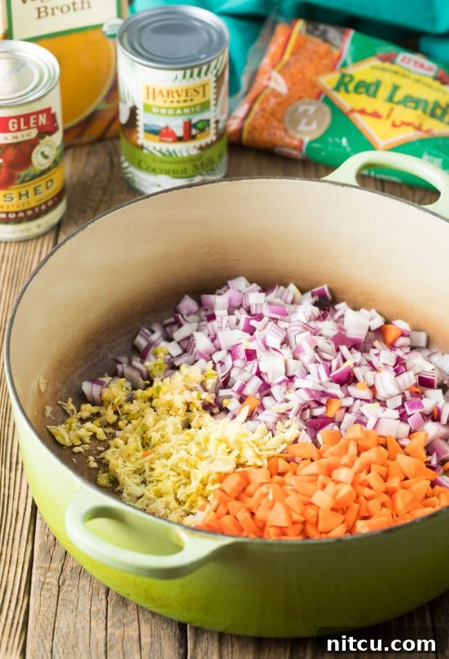 Spiced Red Lentil Bliss 5 Large cooking pot filled with chopped red onion, chopped carrots and garlic.