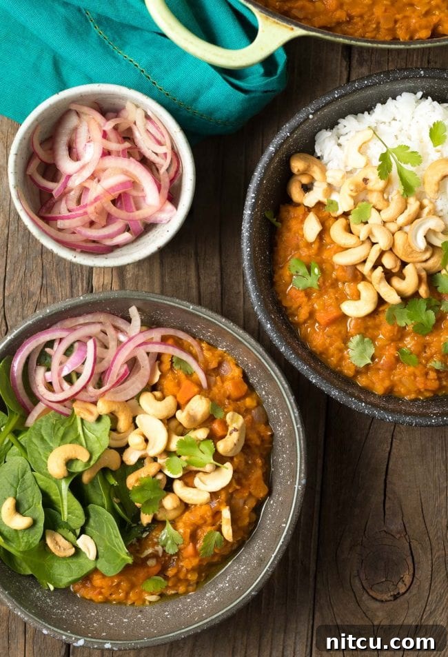 Spiced Red Lentil Bliss 9 Top down view bowl of red lentil curry with white rice, all topped with whole raw cashews, red onion slices, and fresh chopped cilantro.