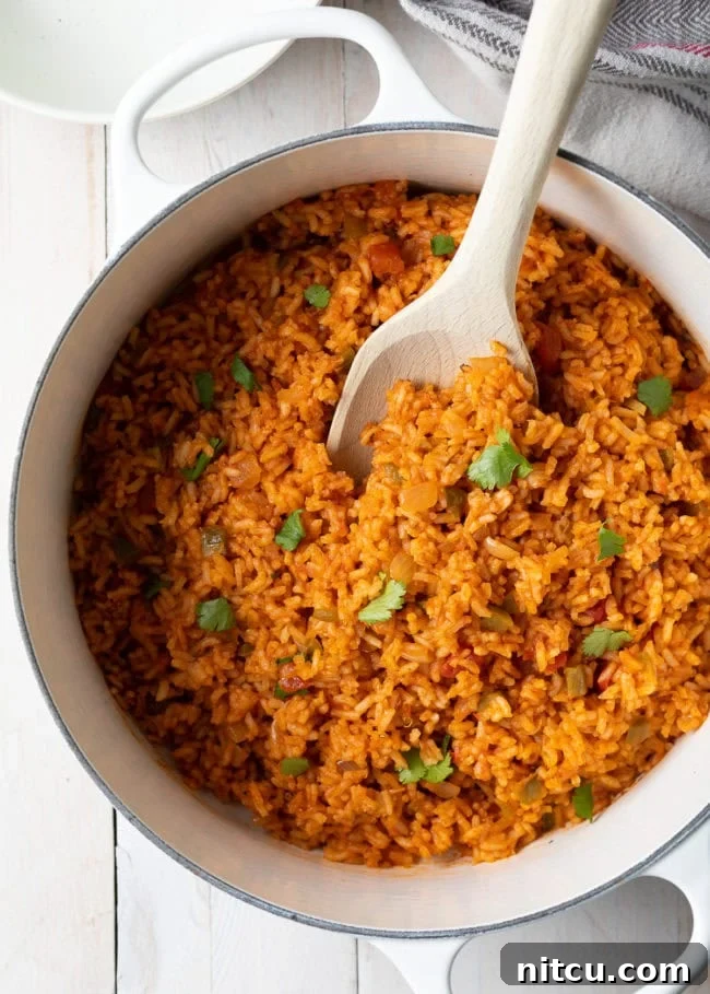 Effortless Spanish Rice 2 A dutch oven filled with vibrant Spanish rice, garnished with fresh cilantro, and a wooden spoon resting inside. The rice is a rich reddish-orange color, indicating a flavorful tomato base, and appears perfectly cooked and fluffy. This image showcases a delicious and inviting serving of homemade Mexican rice, ready to be enjoyed as a comforting side dish.