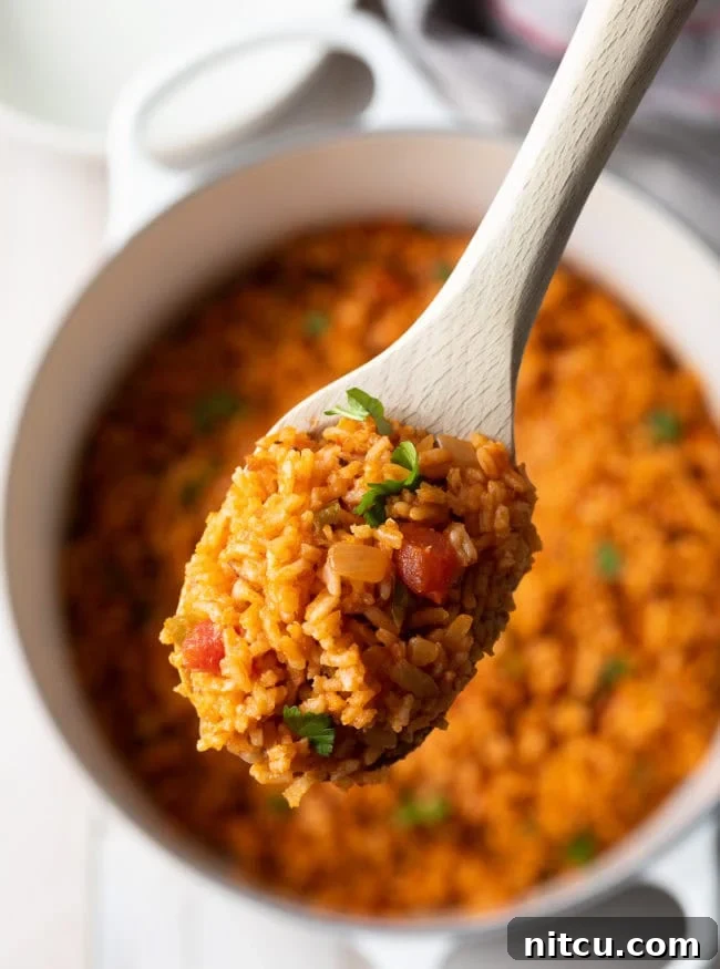 Effortless Spanish Rice 3 A pot of Spanish rice with a wooden spoon scooping out a fluffy portion, steam gently rising. The rice is a deep red color, well-separated, and garnished with chopped cilantro. This image highlights the texture and inviting presentation of the cooked rice, ready to be served.