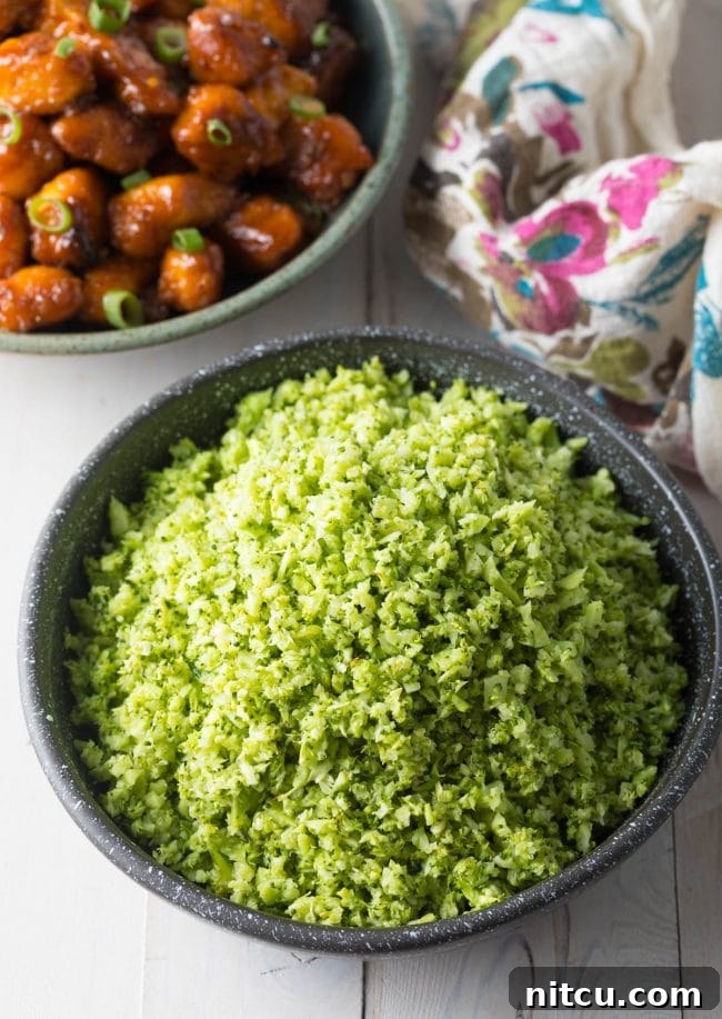 Nutrient-Packed Broccoli Rice 2 Perfectly chopped and roasted broccoli florets, ready to be served as a healthy low-carb rice substitute