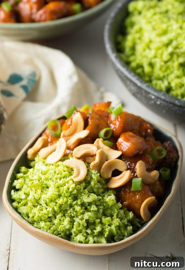 Nutrient-Packed Broccoli Rice 4 Serving roasted broccoli rice alongside flavorful orange chicken with cashews for a balanced meal