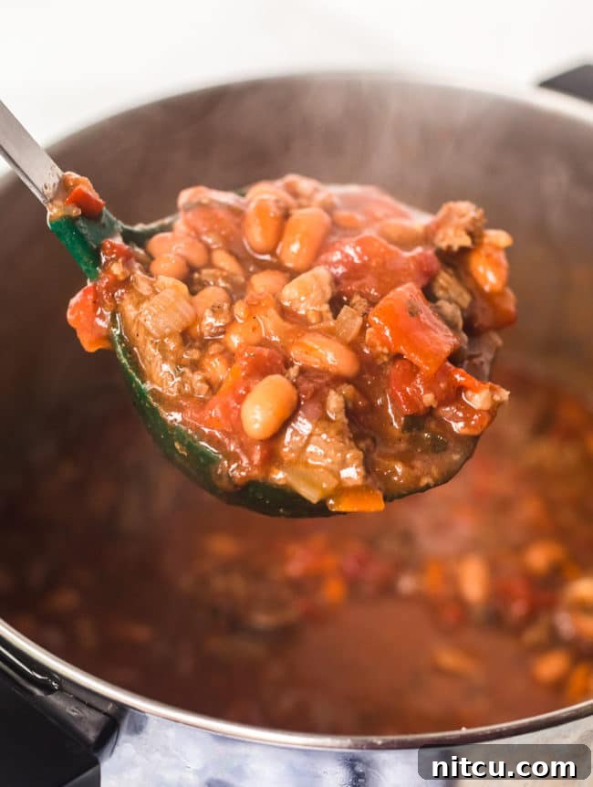 Brewmaster's Chili 6 A ladle expertly scoops a generous portion of rich steak chili with beer, showcasing the hearty chunks of meat and beans, with the full pot simmering in the background.