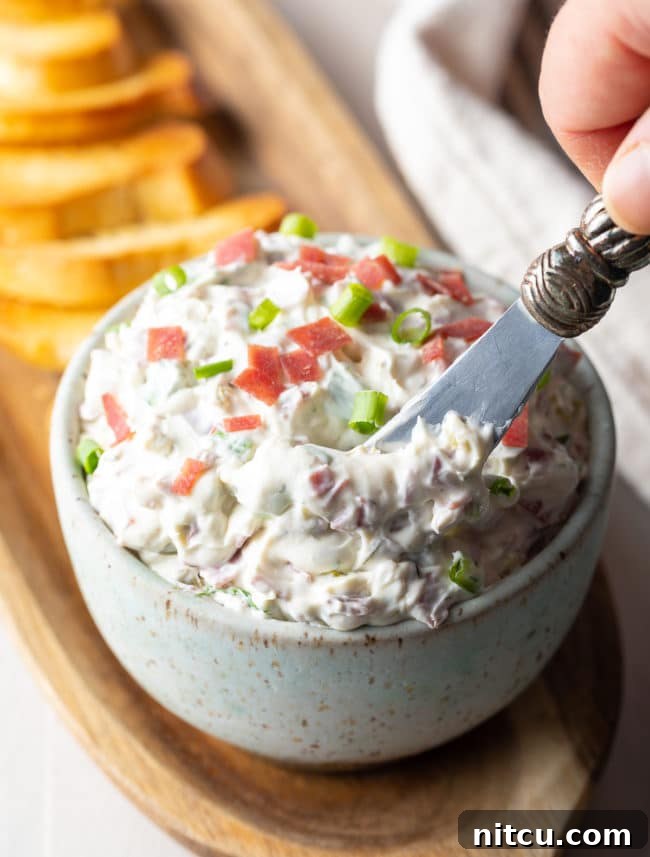 Hand holding a butter knife being dipped into the dip. 