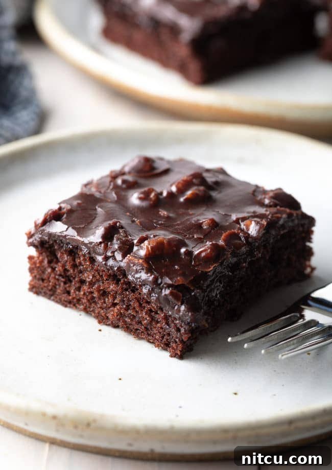 Texas-Chocolate-Sheet-Cake-Recipe A slice of Texas Sheet Cake on a white plate.