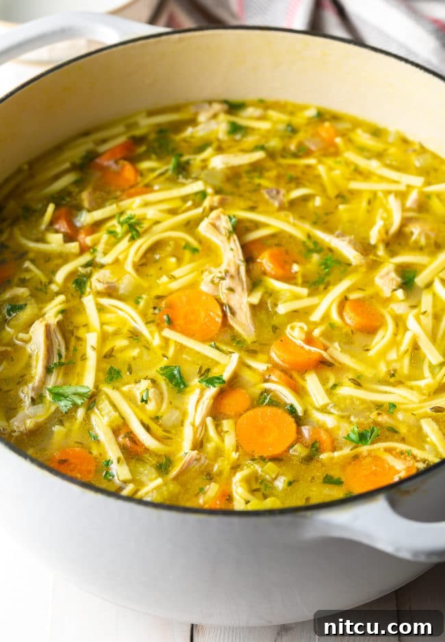 Homemade chicken soup recipe simmering gently on the stove in a large pot, steam rising.
