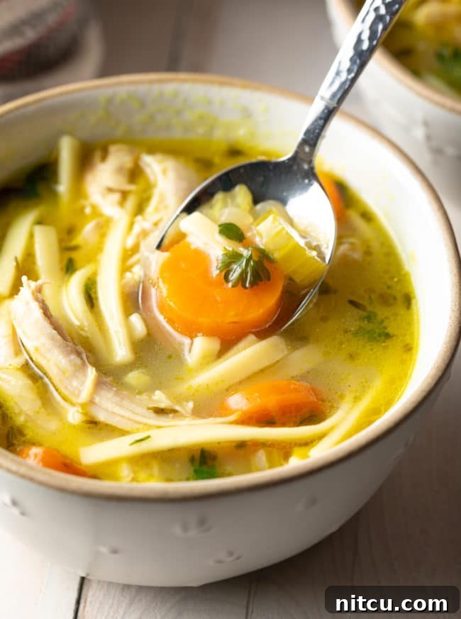 A close-up shot of a comforting bowl of chicken noodle soup with a spoon scooping up a hearty bite, highlighting the tender chicken and vegetables.