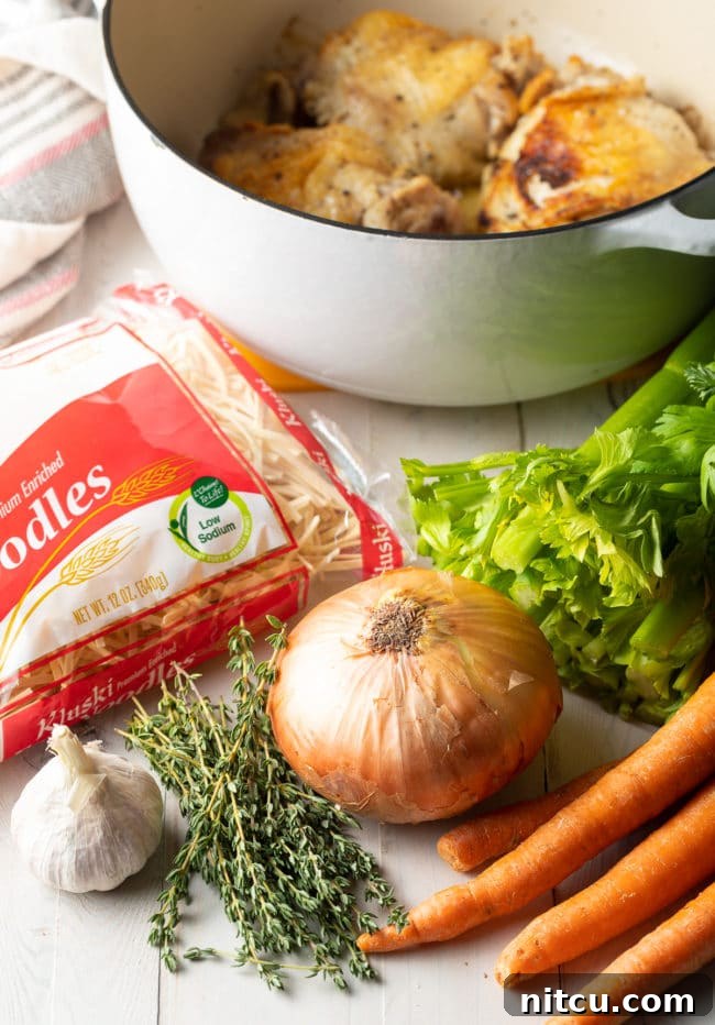 A vibrant array of chicken noodle soup ingredients, including fresh chicken thighs, assorted vegetables, and herbs, ready for preparation.